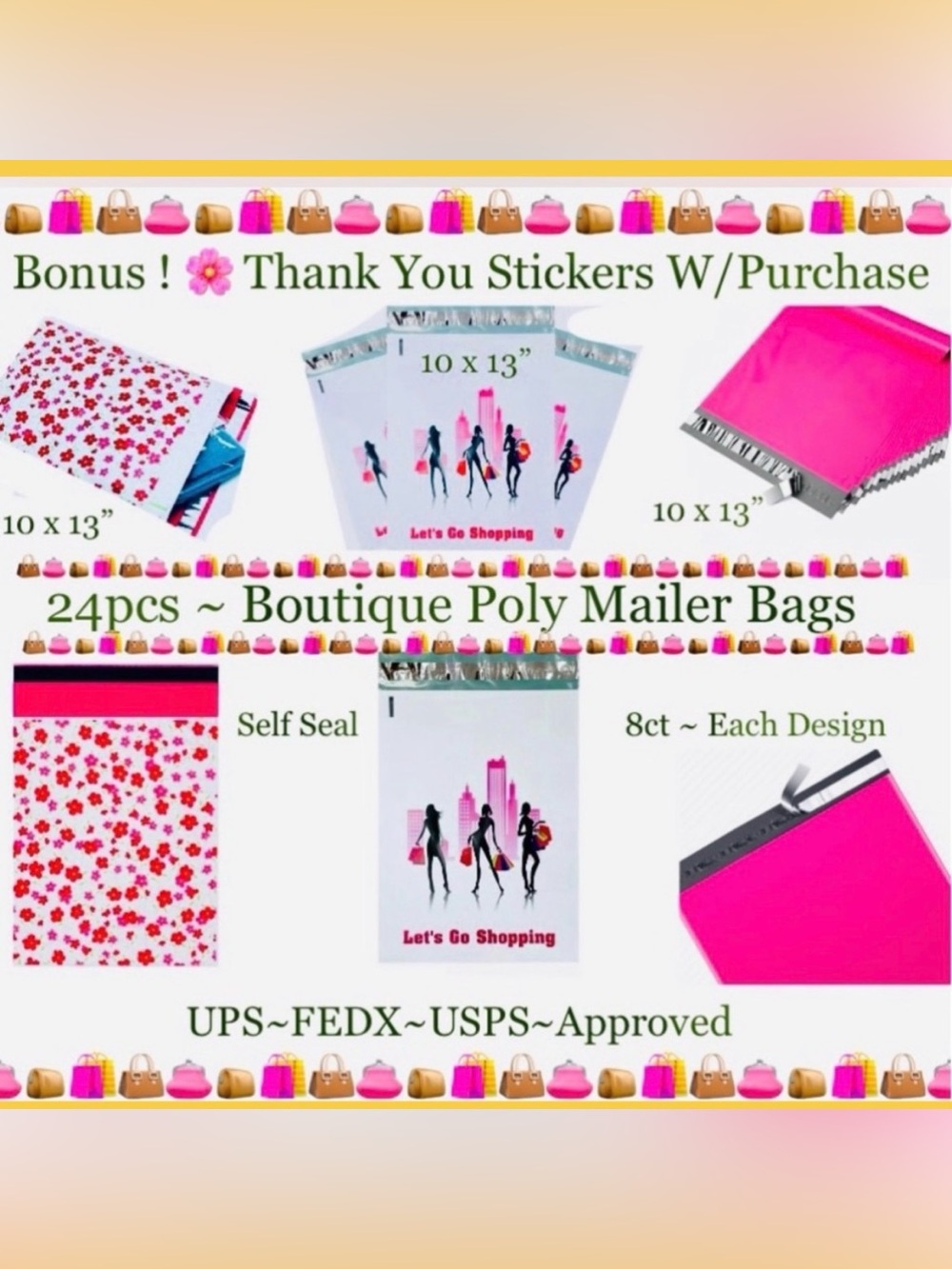 24ct ~ 10x13’ Designer PolyMailers Variety Pack   ~BONUS~24ct Free Stickers 🌿🆕🌿